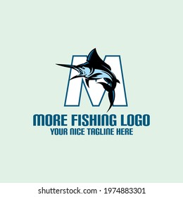 letter m with blue marlin logo, silhouette of swords fish jumping vector illustrations