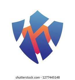 letter m in blue shield, and orange shield logo