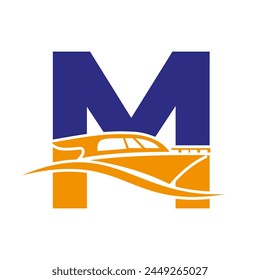 Letter M Boat Logo Concept For Sailboat, Shipping Symbol. Yacht Sign