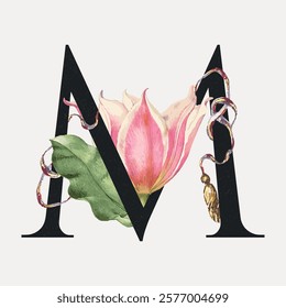 Letter M botanical calligraphic art alphabet, vintage vector element. Floral botanical lettering typography vector element. Vintage floral letter art drawing illustration, old painting art print.