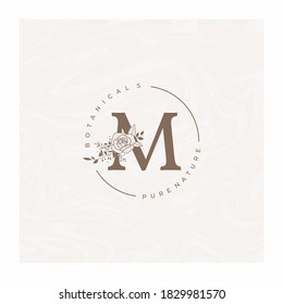 Letter M Botanical Flowers . Initial Wedding Monogram Font Logo. Circle Floral Rose Logo