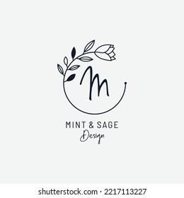 Letra M Logotipos botánicos minimalistas, iniciales, letras con elementos vegetales orgánicos