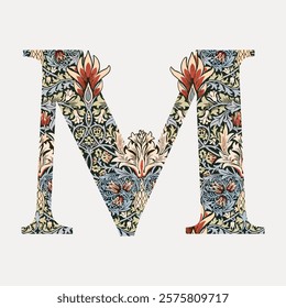 Letter M botanical pattern font, inspired by William Morris. Vintage letter typography vector. Vintage art lettering illustration, old painting art print. Isolated vintage letter typography vector.