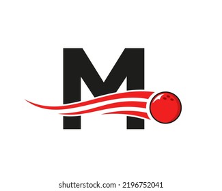 Letter M Bowling Logo. Bowling Ball Symbol With Red Moving Ball Vector Template