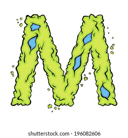 The letter M. Bright green element stylish alphabet style zombies. Halloween ABC grimy element in the vector. Hand drawn letter M isolated on white background.
