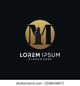 Letter m and building logo design template vector illustration with circle concept