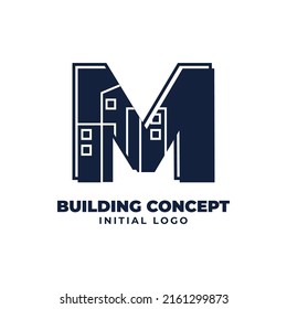 letter M with building object initial vector logo design suitable for real estate and property business