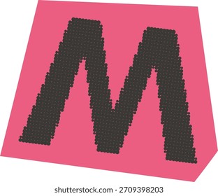 Letra M construida a partir de marcas punteadas en un panel sesgado. Monograma en negrita con textura granular y forma de fondo en ángulo. Ilustración vectorial de dibujos animados