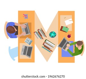 Letter M, business men working in office view from above. Vector illustration, flat design.