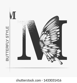 Letter M With Butterfly Silhouette. Monarch Wing Butterfly Logo Template Isolated On White Background. Calligraphic Hand Drawn Lettering Design. Alphabet Concept. Monogram Vector Illustration. EPS 10