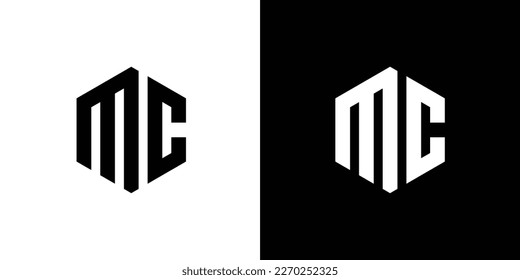 Letter M C Polygon, Hexagonal Minimal Logo Design On Black And White Background