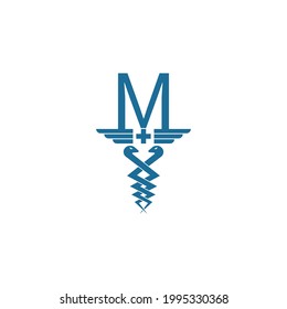 Letter M with caduceus icon logo design vector template