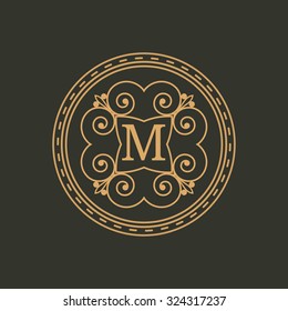The letter M. Calligraphic monogram emblem template. Luxury elegant frame ornament line logo design vector illustration. Example designs for Cafe, Hotel, Jewelry, Fashion, Restaurant