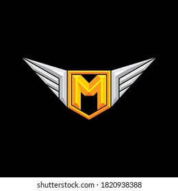 Letter M capital for initial of gaming logo, esport, military, sign. Typography. Embossed effect. Badge with wings.