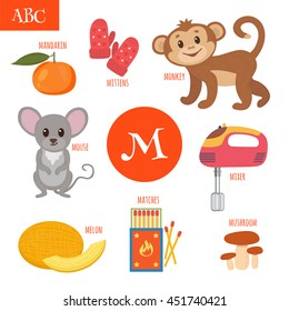 Letter M. Cartoon alphabet for children. Monkey, mouse, mushroom, mittens, mixer, melon, matches, mandarin. Vector illustration