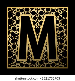 La letra M está tallada en un cuadrado estampado vintage sobre fondo negro. Monograma dorado en estilo vintage.