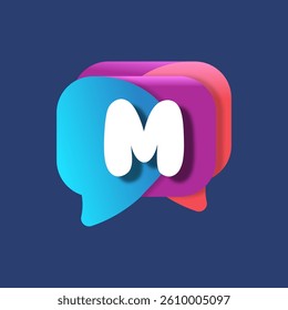 Letter M chat app logo at colorful watercolor splash background. Color multiply style. Bubble speech vector typeface for labels, headlines, posters, cards etc.
