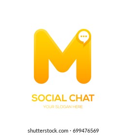 Letter M with Chat logo, Talk, Social media, Sphere speech bubble, application, digital and technology logotype