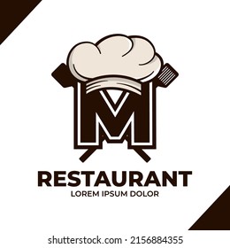 Letter M Chef hat logo design illustration, Restaurant cafe logo icon isolated on white background