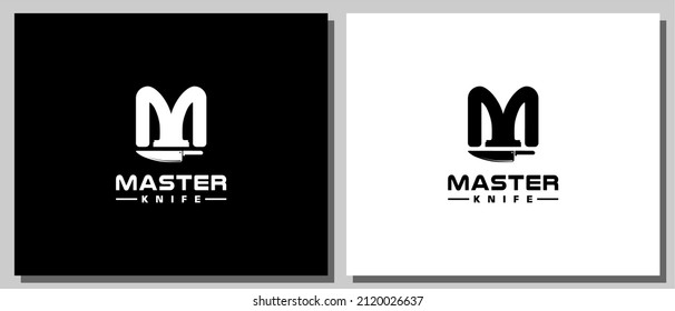 Letter M with Chef Knife as negative space logo design