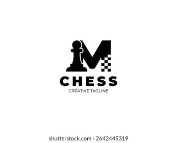 Letter M chess logo design with pawn and chess board