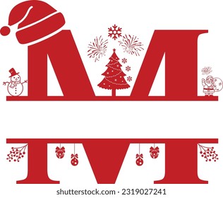 Letter M, M Christmas Monogram, Letter M Silhouette with Christmas symbols, Christmas logo, Christmas Design for Print, Screen Print T-Shirt