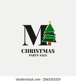 letter M with christmas tree decoration for celebrating december sale or party initial icon