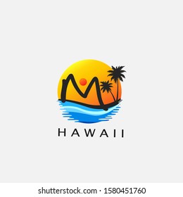 Letter M- Circle Hawaii Palm Beach Logo icon.  Nature logo design concept sunset, palm tree and  sea wave on circle for initial letter M, surfing shop, sport, Tour and Travel.