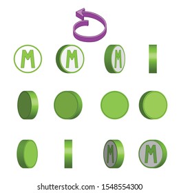 Letter M in circle rotation sequence sprite sheet on white background. Vector illustration.