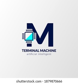 logotipo del circuito de la letra M. máquina terminal para tecnología, gadget, inteligente artificial