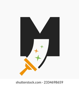 Letter M Cleaning Service Logo Design Concept With Clean Brush Symbol. House Clean Sign