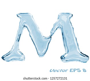 Letter M from clear transparent bluish water droplets  Isolated white background  Vector EPS 8 
