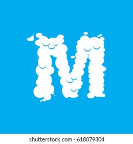Letter M cloud font symbol. White Alphabet sign on blue sky