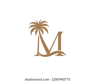 Letter M with coconut and palm tree  logo design. Summer and beach tree unique vector illustration.