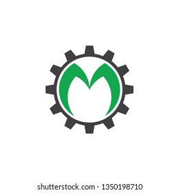 letter m cog machine design logo vector