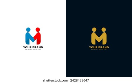 Letter m collaboration logo. Human illustration design, handshake, friendship icon, business. Graphic design vector