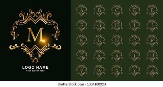 Letra M o colección alfabeto inicial con una plantilla de logotipo dorado de marco floral adornado de lujo.