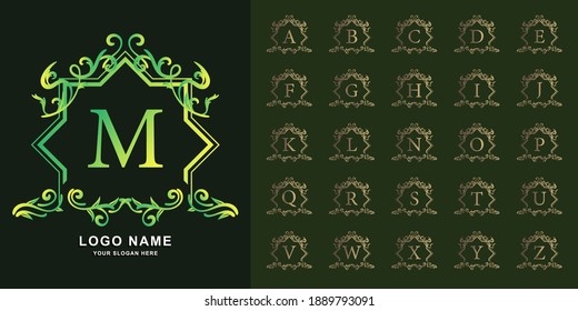 Letra M o colección alfabeto inicial con una plantilla de logotipo dorado de marco floral adornado de lujo.