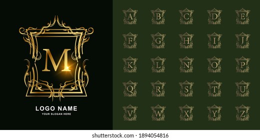 Letter M or collection initial alphabet with luxury ornament floral frame golden logo template.