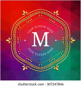 The letter M & colored triangular texture. Flourishes calligraphic monogram emblem template. Luxury elegant frame ornament line logo design vector illustration. Example designs for Cafe, Hotel
