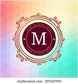 The letter M & colored triangular texture. Flourishes calligraphic monogram emblem template. Luxury elegant frame ornament line logo design vector illustration. Example designs for Cafe, Hotel