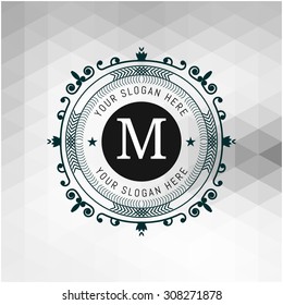 The letter M & colored triangular texture. Flourishes calligraphic monogram emblem template. Luxury elegant frame ornament line logo design vector illustration. Example designs for Cafe, Hotel