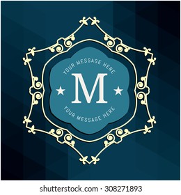 The letter M & colored triangular texture. Flourishes calligraphic monogram emblem template. Luxury elegant frame ornament line logo design vector illustration. Example designs for Cafe, Hotel