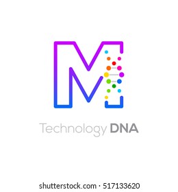 Letter M colorful with abstract biotechnology dna logotype. Medicine, science, laboratory,Technology DNA vector concept