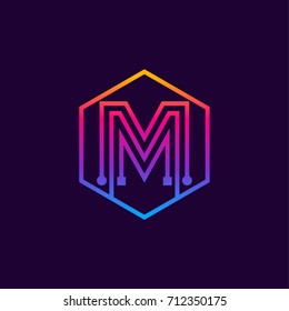 Letter M colorful, Dots logo, linear hexagon shape, Digital and Technology logotype for your Corporate identity