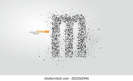 The letter m is composed of particles on gray background. Abstract vector font material.