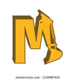 Letter M construction logo design concept. Excavator JCB with heavy duty axles. Bulldozer digger construction vehicle element.
