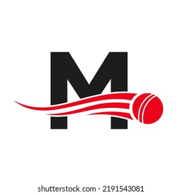 Letter M Cricket Logo Concept With Ball Icon For Cricket Club Symbol Vector Template. Cricketer Sign