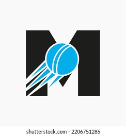 El Concepto Del Logo De La Letra M Cricket Con El Icono De La Pelota De Cricket. Plantilla de vectores de logotipo de deportes de cricket