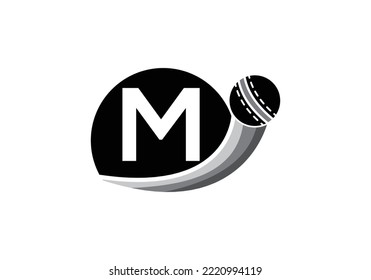 Letter M Cricket Logo Concept With Moving Cricket Ball Icon. Cricket Sports Logotype Symbol Vector Template Design.